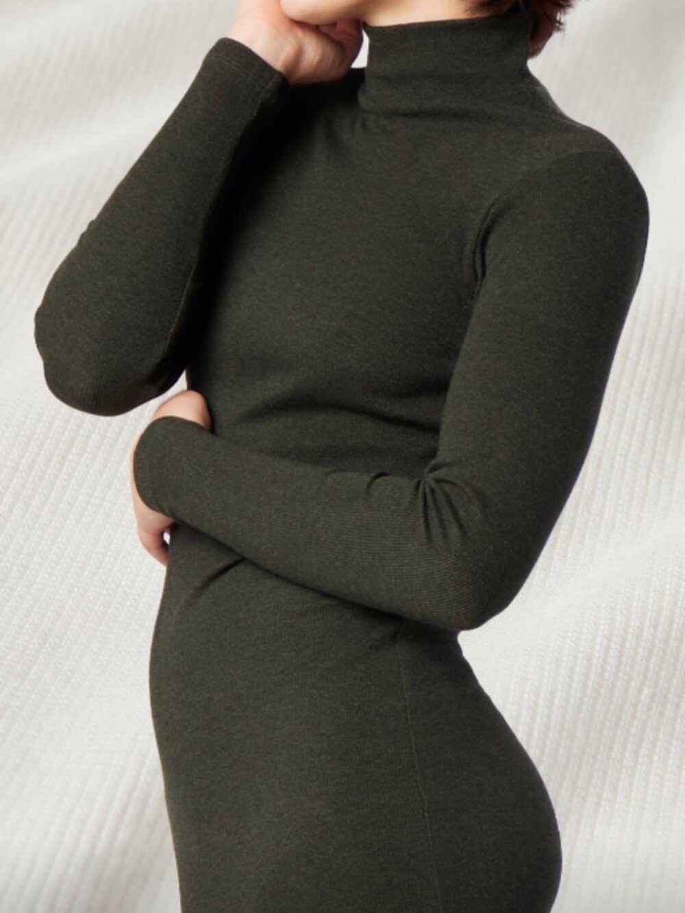 TKEES | Super Rib Turtleneck Dress in Moss